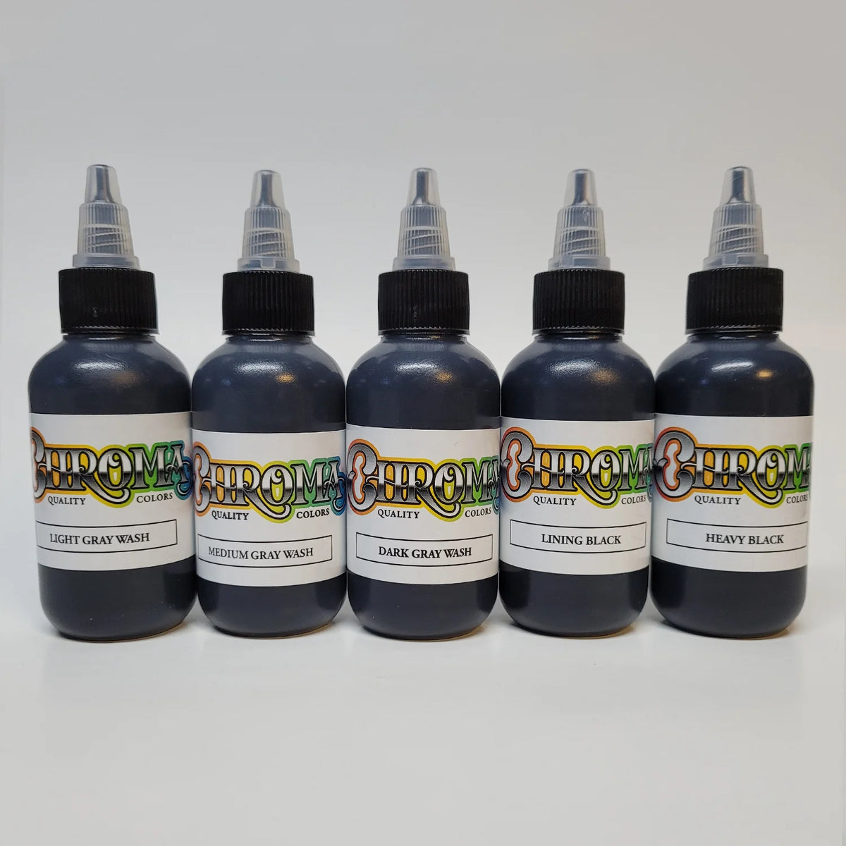 Chroma Tattoo Ink - 5 Bottle Complete Black and Gray Wash Set 2oz-1