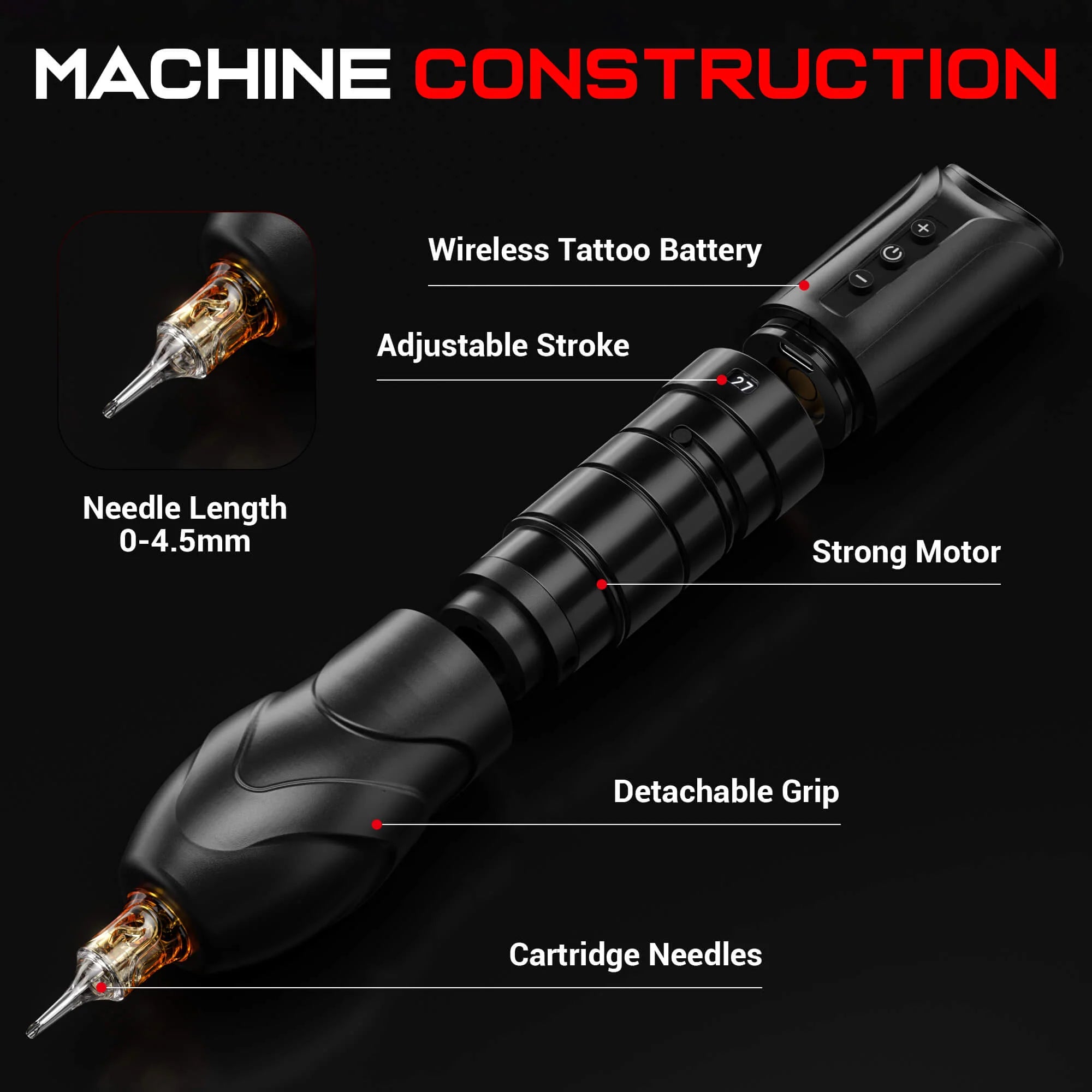 CNC KRONOS Wireless Tattoo Machine– 1900 mAh Battery, USB-C Rapid Charge, 4–12 V Adjustable & 7 Stroke-9