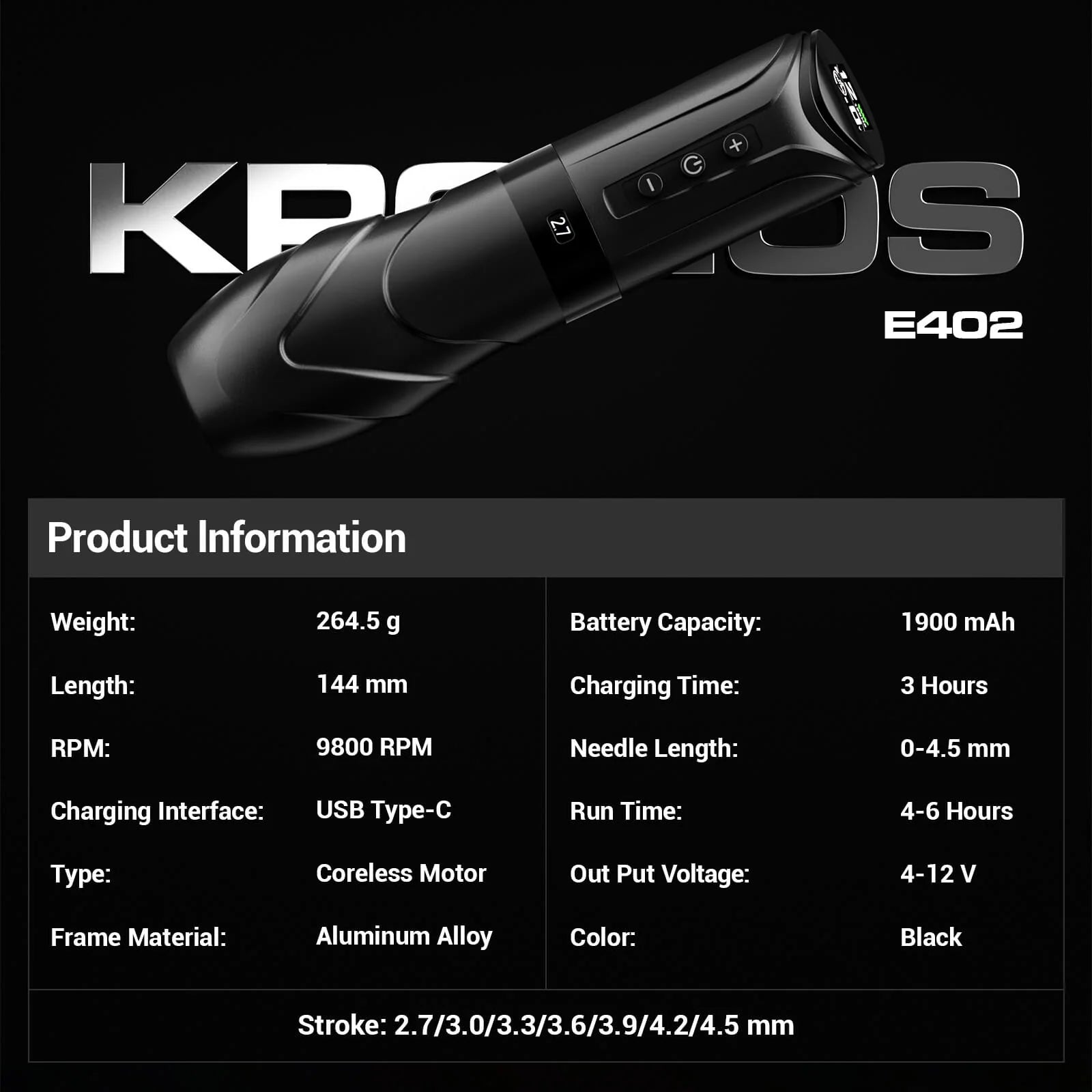 CNC KRONOS Wireless Tattoo Machine– 1900 mAh Battery, USB-C Rapid Charge, 4–12 V Adjustable & 7 Stroke-6